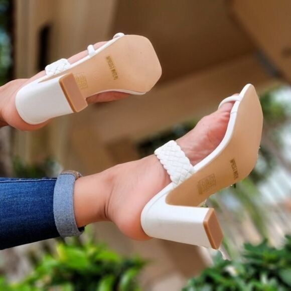 Women's White Braided Chunky Block Heel Slide Sandals - Picture 5 of 5